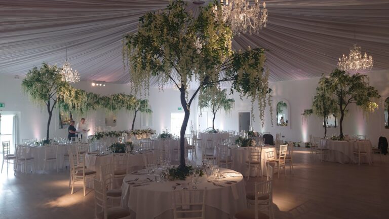 Wedding table wisteria tree centrepieces